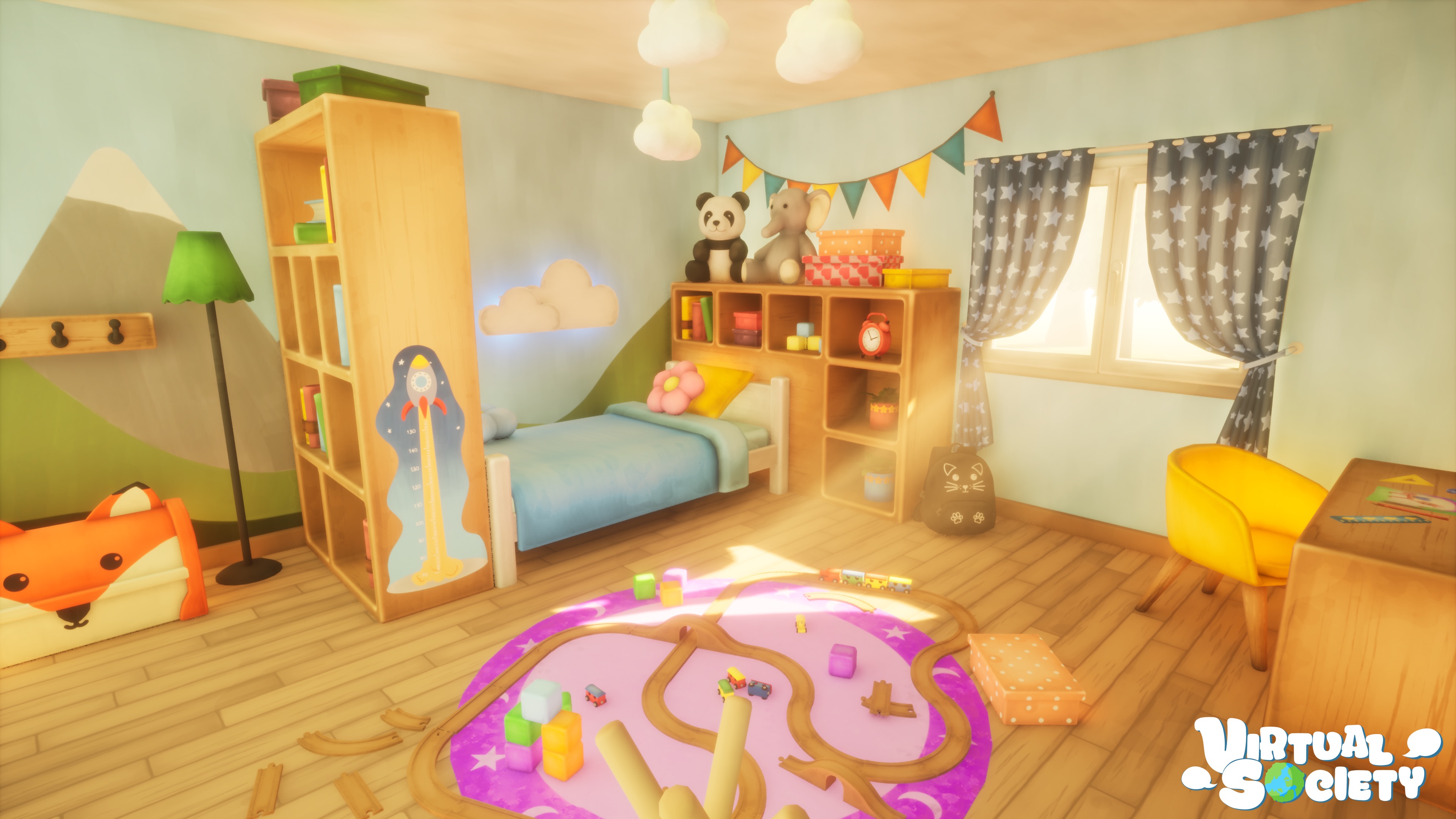 Two avatars exploring a player-made VirtualSociety world together.
